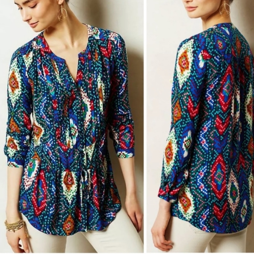 Maeve Anthropologie Blue and Red Graphic Long Sleeve Peplum Blouse Top Sz 2